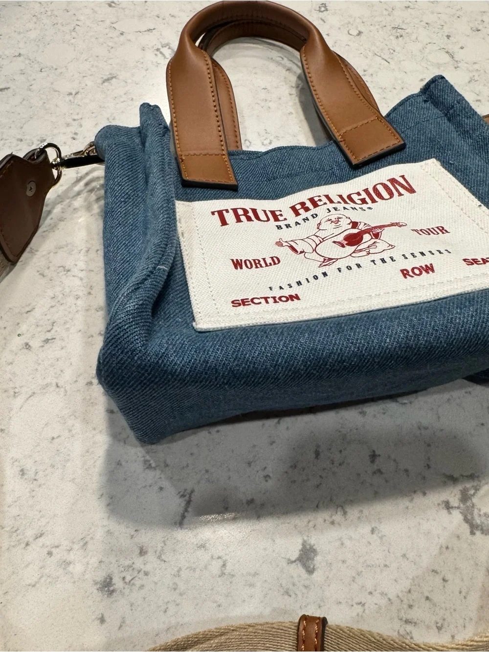 True Religion Blue Denim Mini Messenger with Brown Trim